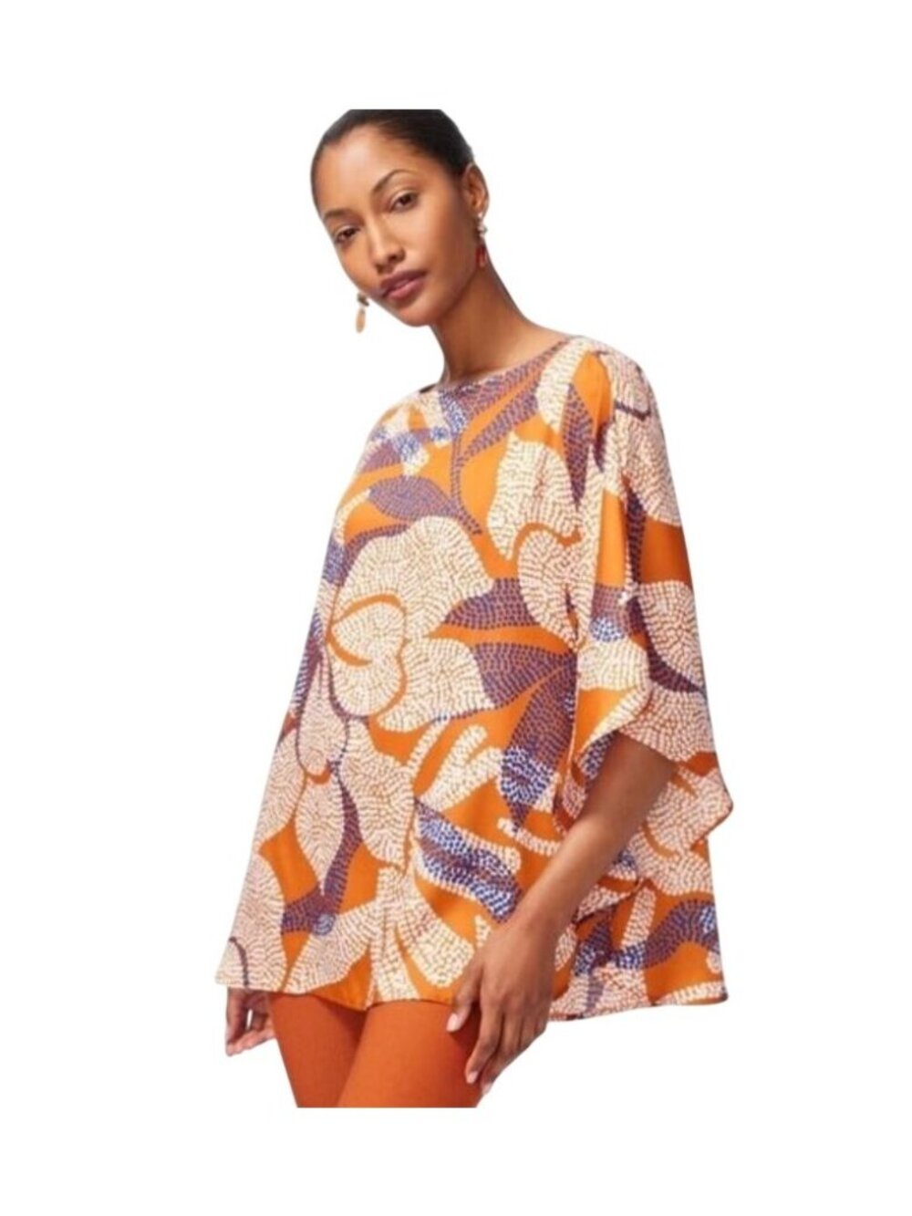 Chico's Women's Chianti Poncho Blouse S-M Orange Floral Abstract Kimono Sleeve